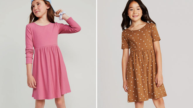 Long Sleeve Fit Flare Scoop Back Dress and Jersey Knit Short Sleeve Printed Dress