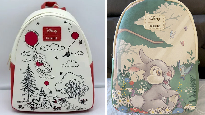 Loungefly Disney Winnie The Pooh Balloons Mini Backpack on the Left and Loungefly Disney Bambi Thumper Floral Mini Backpack on the Right