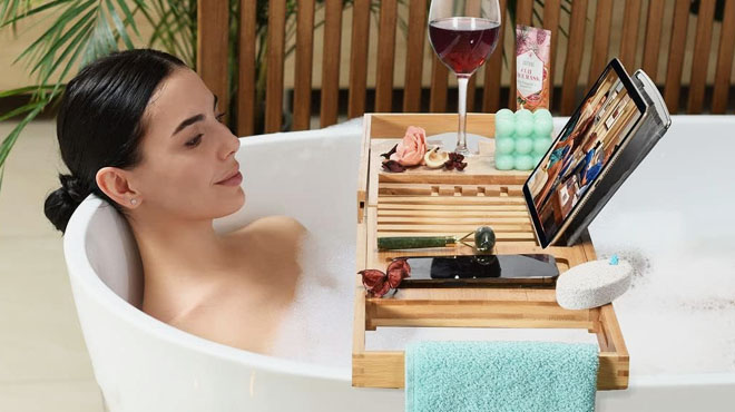 Luxury Expandable Waterproof Bathtub Caddy Tray in Bamboo Color