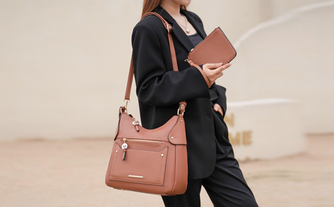 Maeve Vegan Leather Womens Shoulder Handbag Wristlet Pouch 2 pcs