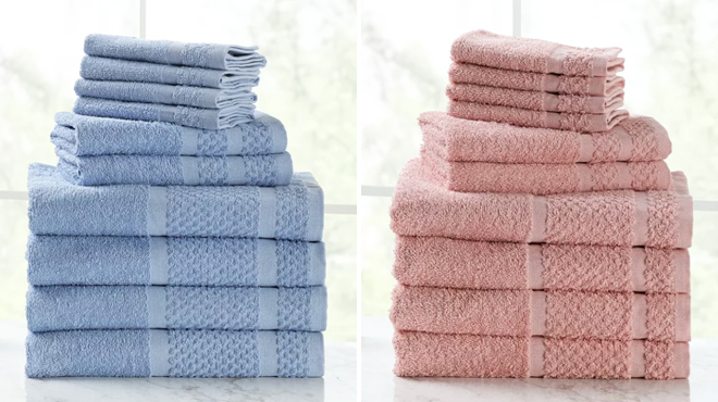 Mainstays 10 Piece Bath Towel Set in Office Blue on the Left and Pink on the Right