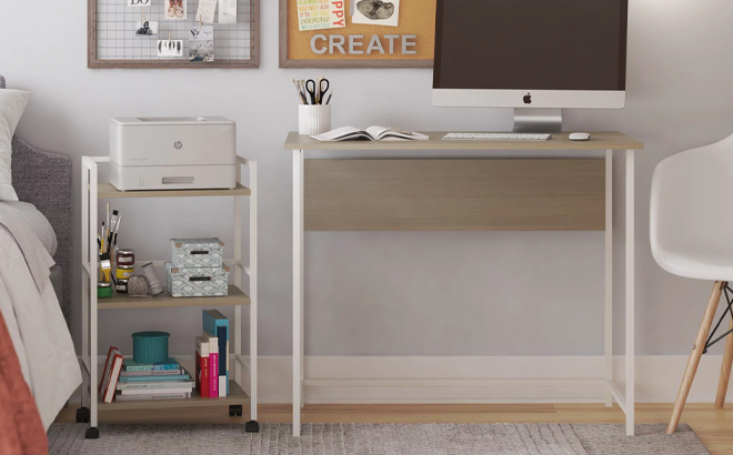 Mainstays Bryant Desk with Rolling Cart in Pale Oak and White Color
