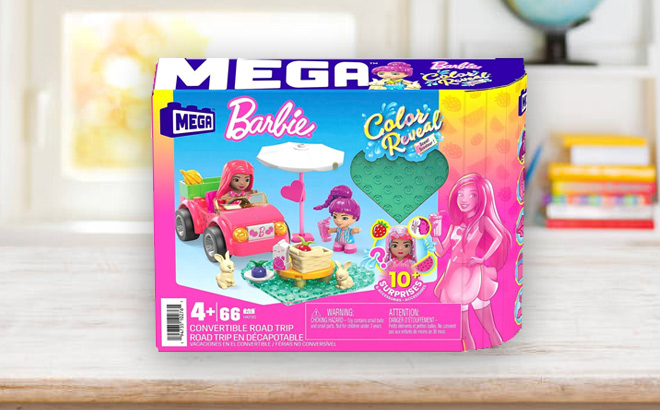 Mega Barbie Color Reveal Building Toy Car Playset for Kids on white table 1