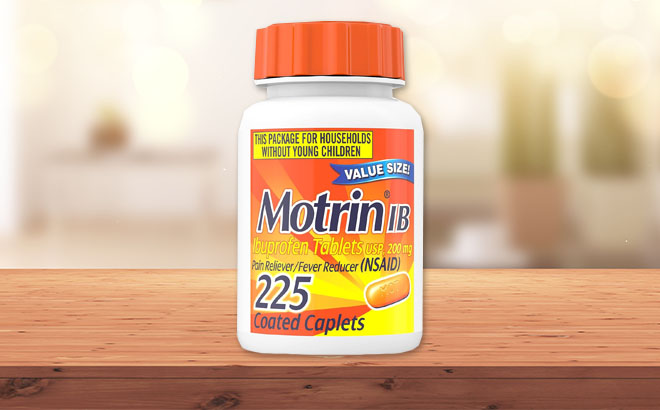 Motrin IB Ibuprofen 200mg Tablets 225 Count on a Table