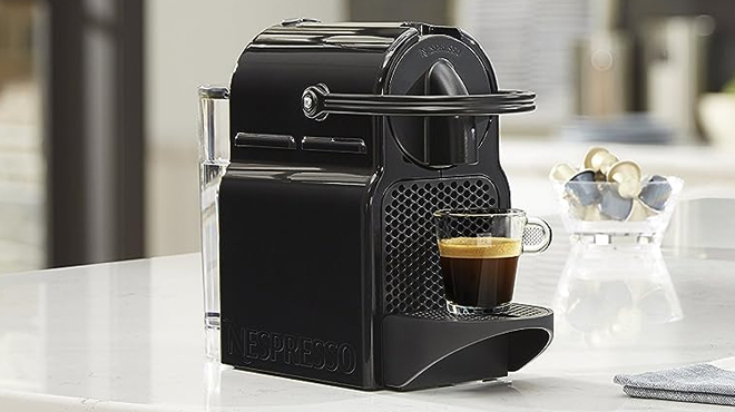 Nespresso Inissia Espresso Machine on Marble Kitchen Countertop