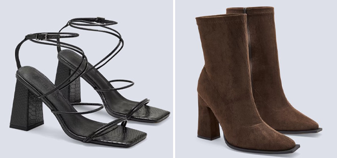 New York and Company Jaylin Strappy Sandals on the Left Brown Sock Booties on the Right