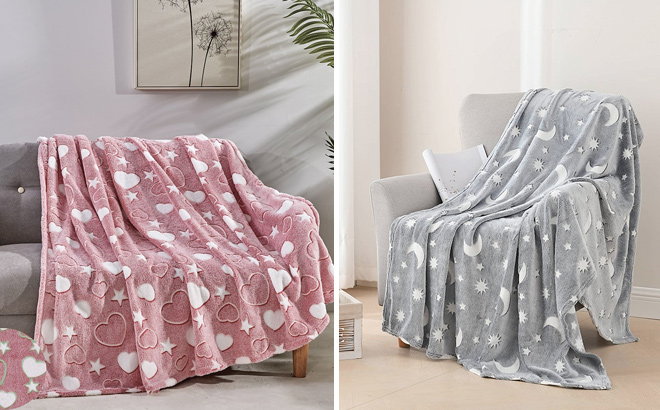 Noble House Red White Heart Star Glow in the Dark Throw and Gray White Moon Glow in the Dark Throw