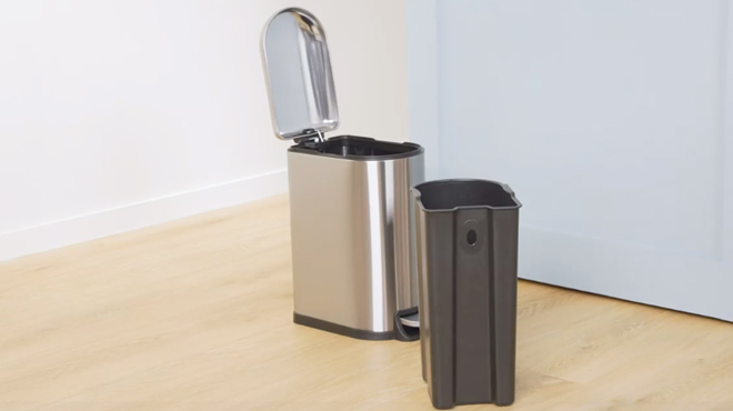 Opened Amazon Basics 20 Liter Rectangular Trash Can