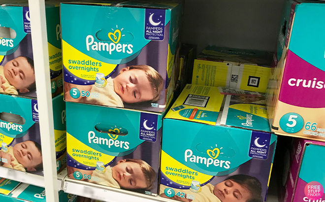 Pampers Swaddlers Overnights Disposable Baby Diapers on a Shelf