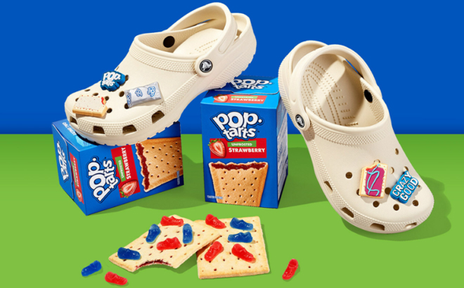 Pop Tarts x Crocs Collaboration on Green and Blue Background