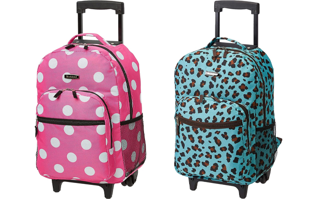Rockland Double Handle Rolling Backpack in the Pink Dots and Blue Leopard