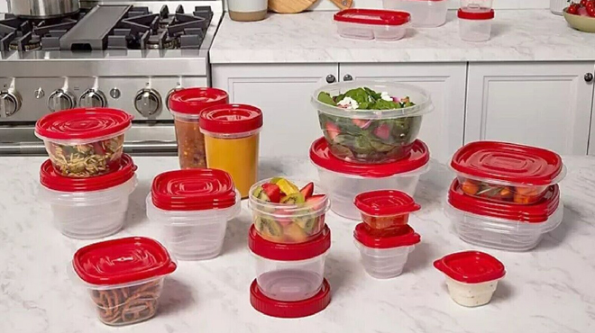 Rubbermaid 64 Piece Food Storage Set on the Kitchen Counter