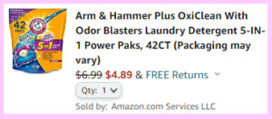 Scree Shot of the checkout Page for Arm Hammer OxiClean 5 in 1 Power Paks showing the final price after coupon and subscribe and save