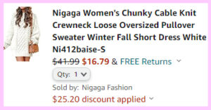 Screen Grab of the Checkout Page for the Nigaga Cable Knit Dress showing the discount and the final price