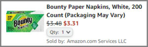 Screenshot of Bounty 200 Count Paper Napkins Discounted Final Price at Amazon Checkout