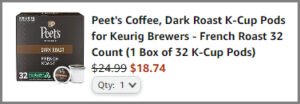 Screenshot of Peets Coffee Dark Roast 32 Count K Cups Discounted Final Price at Amazon Checkout