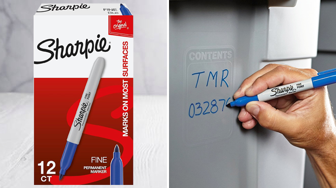 Sharpie 12 Count Permanent Markers in Blue Color on the Left and a Hand Writing with Same Item on the Right