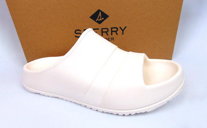 Sperry Float Slide Sandals in front of Sperry Shoes Box