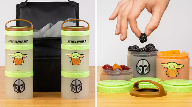 Star Wars Whiskware Stackable Containers 2 Pack on the Left and a Hand Picking up Fruit from the Same Item on the Right