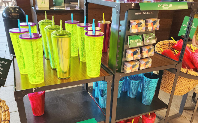 Starbucks Reusable Cups on Shelf