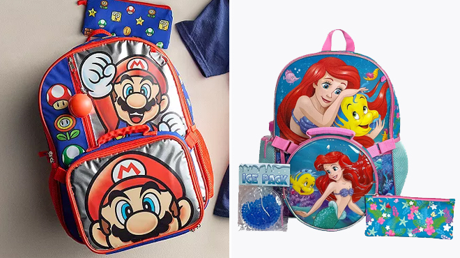 Super Mario Bros 5 Piece Backpack Lunch Box Set and Disneys The Little Mermaid Ariel Kids 5 Piece Backpack Set