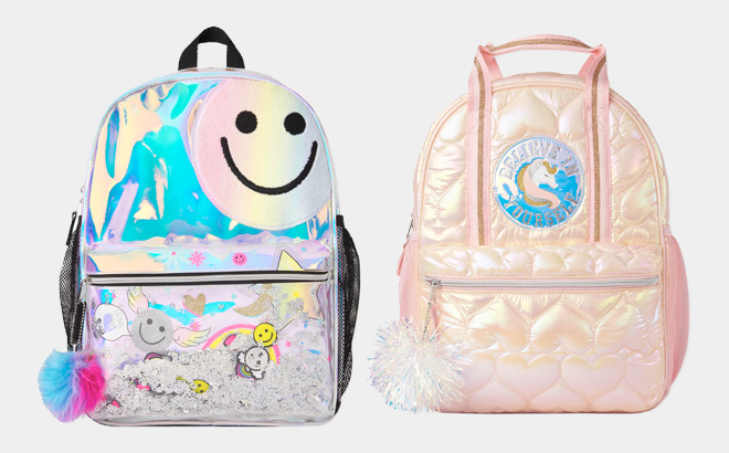 The Childrens Place Girls Holographic Shakey Happy Face Backpack Holographic and Girls Quilted Hearts Backpack Pink