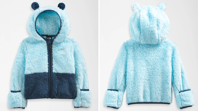 The North Face Baby Bear Full Zip Hoodie on the Left and Back View of the Same Item on the Right