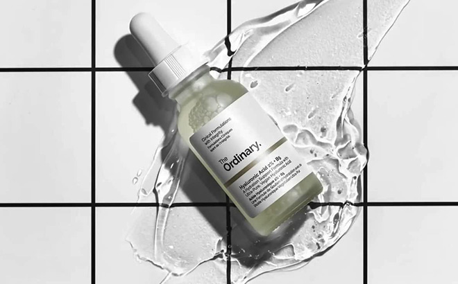 The Ordinary Hyaluronic Acid on a white background with black stripes