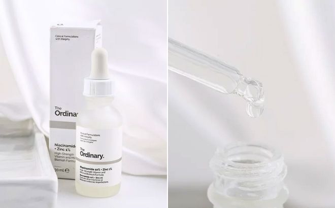 The Ordinary Niacinamide Serum on the left with box and closer view on the right side
