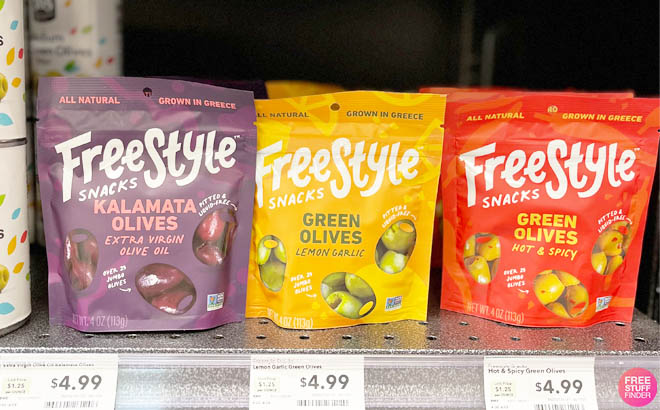 Three Flavors of Freestyle Snacks Natural Greek Olive Snacks