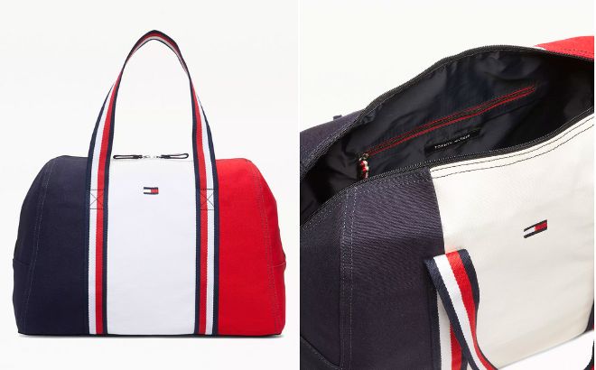 Tommy Hilfiger Duffle Bag in the Multi color on the left and closer view on the right Tommy Hilfiger Duffle Bag in the Multi color on the left and closer view on the right