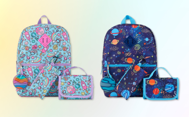 Two Cudlie 5 Piece Galaxy Backpack Sets for girls on the left side and for the boys on the right side