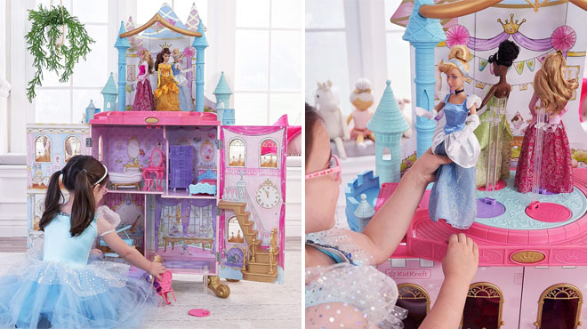 Two Different Angles of a Girl Playing with a KidKraft Disney Princess Dance Dream Wooden Dollhouse