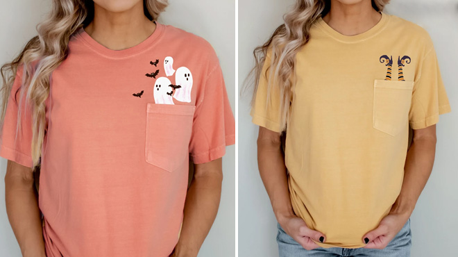 Two Different Colors and Styles of Halloween Pocket Tees