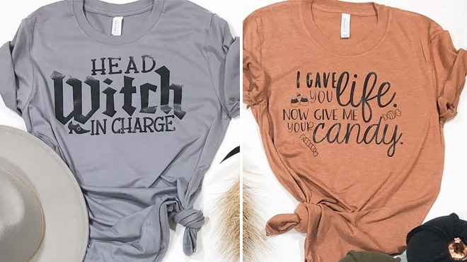 Two Different Designs and Colors of Bella Canvas Mom Halloween Tees