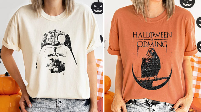Two Different Designs of Chic Chills Thrills Halloween Tees