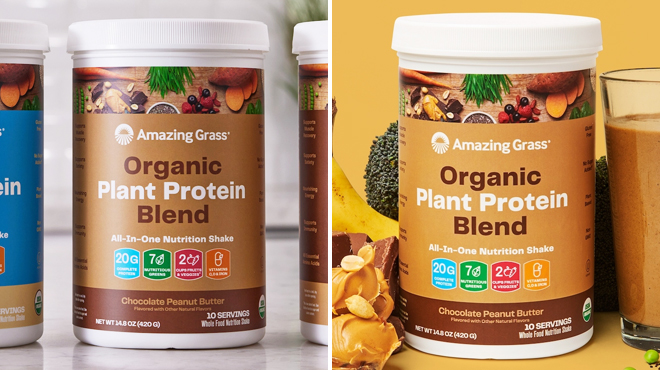 Two Images of Amazing Grass Organic Protein Shakes in Chocolate Peanut Butter Flavor