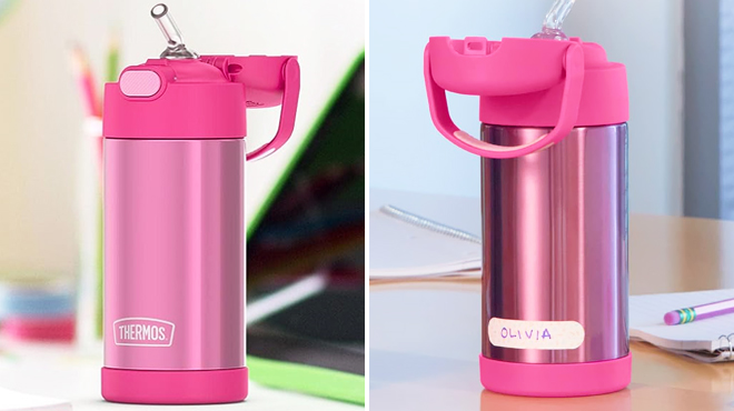 Two Images of Thermos Funtainer Kids Bottle in Pink Color