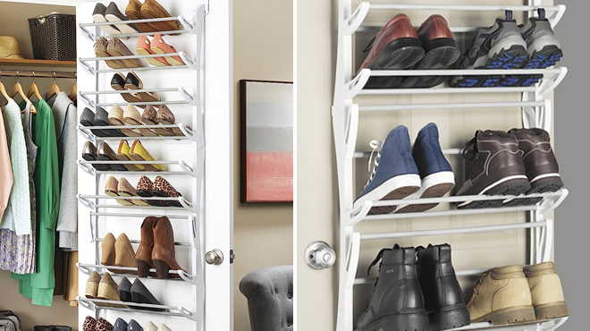 Two Images of Whitmor Over the Door Shoe Rack Filled with Shoes