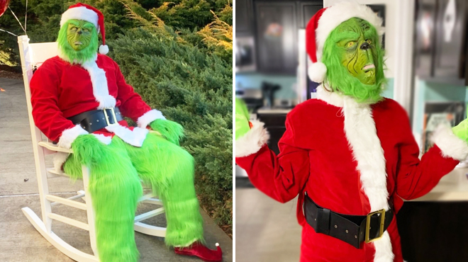 Two Images of a Person Wearing Grinch Santa 8 Piece Christmas Costume