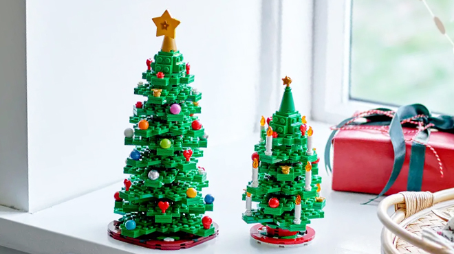 Two LEGO Christmas Trees on a Table