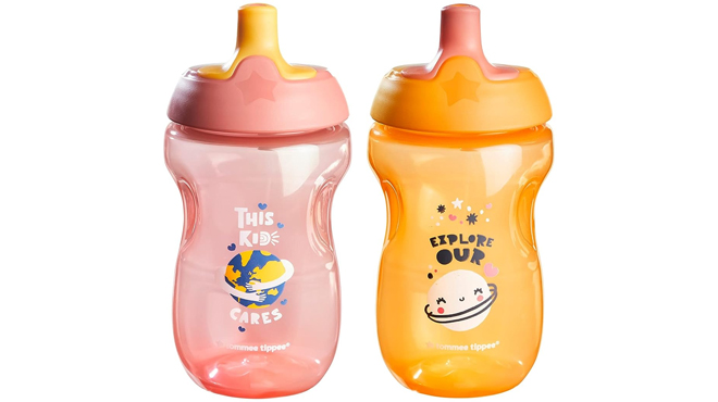 Two Tommee Tippee Toddler Sportee Sippy Cups in Pink and Orange Colors