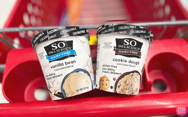 Two tubs of So Delicious Frozen Dessert in a Store Cart