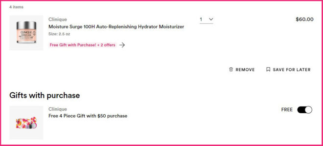 Ulta Checkout Page with Free Clinique 4 Piece Gift