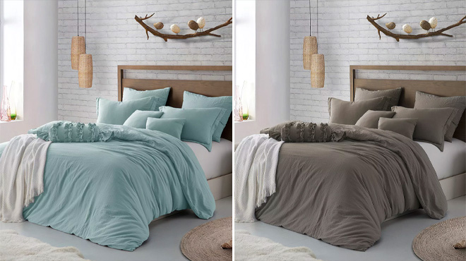 Ultra Soft Washed Crinkle Twin Duvet Cover Set in Mint and Driftwood colors