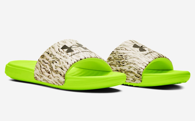 Under Armour Ansa Graphic Slides for Men in Lime Surge color on a light gray background