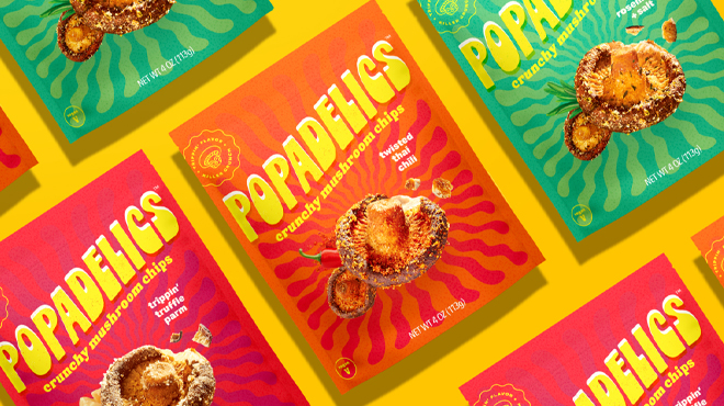 Various Flavors of Popadelics Chips on Orange Background
