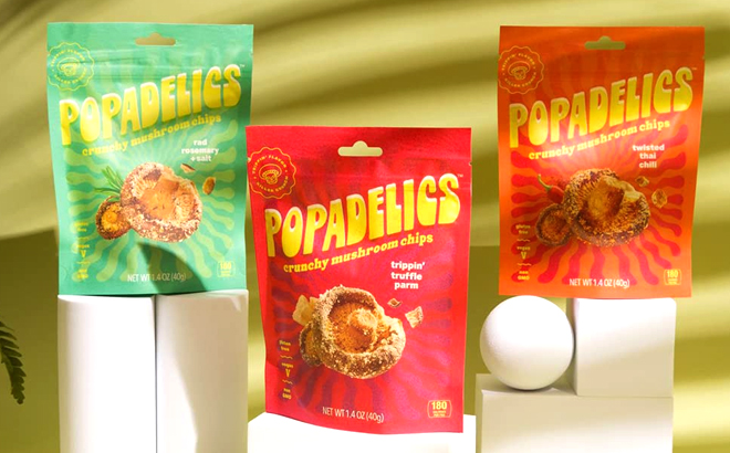 Various Flavors of Popadelics Chips on Product Display Stands