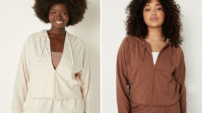 Victorias Secret Pink Summer Lounge Zip Up Hoodies in Creamer and Soft Cappuccino