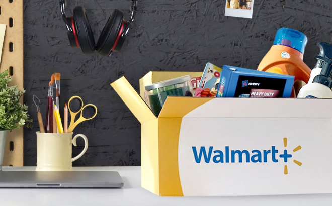 A Box with the Walmart Plus Sign on a Desk